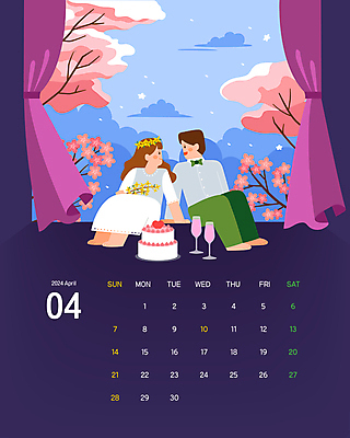 전신 구름 커플 여자 남자 결혼 일러스트 창문 하늘 앉기 성인 두명 마주보기 케이크 보라색 다정 봄 달력 벚꽃 커튼 벚나무 샴페인 4월 신랑신부 성인만 국내일러스트 AI파일 자연요소 나무 계절 꽃 신부_웨딩 컬러 신랑 컨셉 관계 모션 디저트 주류 사람 이벤트 날짜 파일형식 벡터