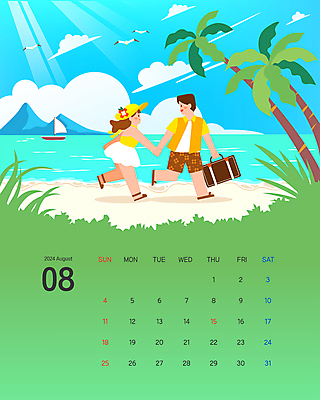 전신 구름 커플 여자 남자 바다 일러스트 갈매기 들기 성인 해변 두명 초록색 여름 여름휴가 바캉스 야자수 걷기 여행가방 손잡기 신혼여행 달력 휴양지 8월 신랑신부 성인만 국내일러스트 AI파일 자연요소 나무 계절 신부_웨딩 컬러 신랑 결혼 가방 관계 모션 조류 휴가 사람 장소 날짜 파일형식 벡터 여름_계절