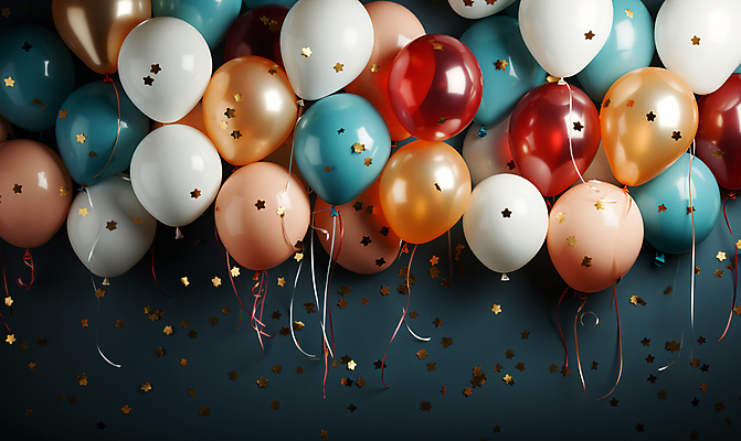 JPG 편집이미지 사람없음 그래픽 컬러풀 파티 축하 생일파티 디지털합성 파티용품 꽃가루 풍선 편집소스 편집실사 AI포토 AI콘텐츠 컬러 컨셉 이벤트 생일 가루 CG 이벤트용품 파일형식