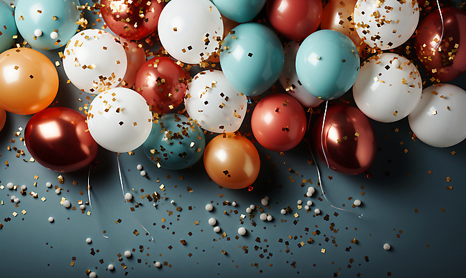 JPG 편집이미지 사람없음 그래픽 컬러풀 파티 축하 생일파티 디지털합성 파티용품 꽃가루 풍선 편집소스 편집실사 AI포토 AI콘텐츠 컬러 컨셉 이벤트 생일 가루 CG 이벤트용품 파일형식