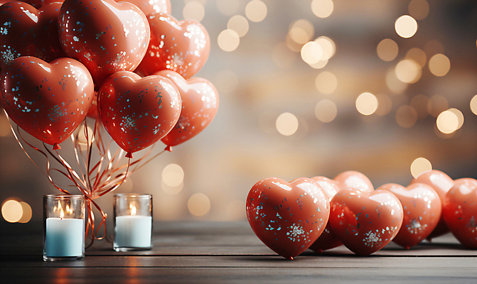 JPG 편집이미지 기념일 촛불 사랑 사람없음 그래픽 빨간색 반짝임 파티 로맨틱 축하 디지털합성 파티용품 보케 꽃가루 하트풍선 향초 편집소스 편집실사 AI포토 AI콘텐츠 감정 컬러 컨셉 초 모션 이벤트 하트 가루 CG 이벤트용품 풍선 파일형식