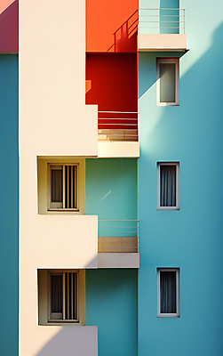 JPG 편집이미지 건축물 디자인 창문 난간 그림자 사람없음 건물 컬러풀 디지털합성 편집실사 AI포토 AI콘텐츠 건축 컬러 CG 파일형식