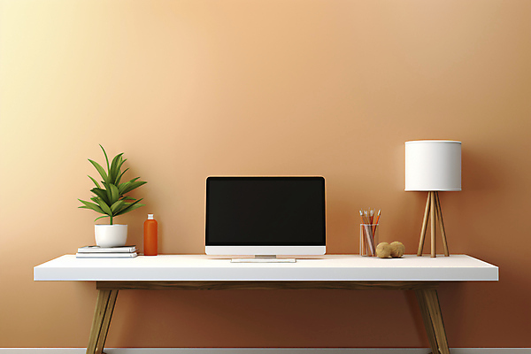 JPG 편집이미지 화분 비즈니스 탁자 사람없음 모니터 주황색 스탠드 오브젝트 연필꽂이 편집실사 AI포토 AI콘텐츠 컬러 가구 문구용품 조명 컴퓨터 CG 파일형식