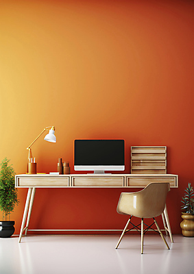 JPG 편집이미지 화분 의자 비즈니스 사람없음 모니터 주황색 스탠드 커피잔 책상 오브젝트 연필꽂이 편집실사 AI포토 AI콘텐츠 커피 컬러 가구 문구용품 조명 잔 컴퓨터 CG 파일형식