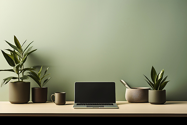 JPG 편집이미지 화분 비즈니스 탁자 사람없음 초록색 노트북 머그컵 오브젝트 편집실사 AI포토 AI콘텐츠 컬러 가구 컵 전자제품 CG 파일형식