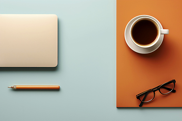 JPG 편집이미지 안경 하늘색 비즈니스 사람없음 볼펜 주황색 커피잔 오브젝트 편집실사 AI포토 AI콘텐츠 잡화 커피 컬러 잔 파란색 펜 CG 파일형식