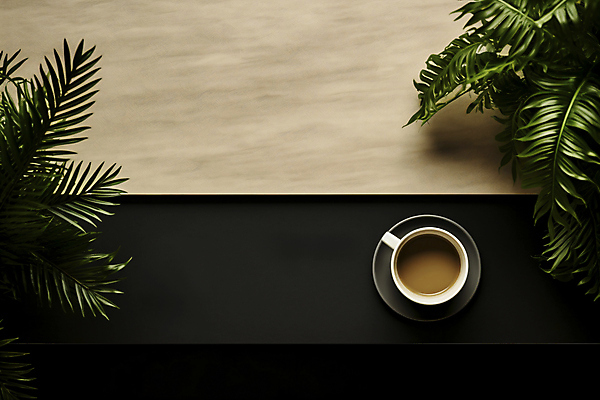 JPG 편집이미지 화분 비즈니스 탁자 사람없음 검은색 풀잎 커피잔 오브젝트 베이지색 편집실사 AI포토 AI콘텐츠 커피 컬러 가구 잎 잔 풀_식물 CG 파일형식