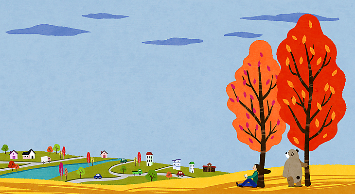 전신 PSD 나무 응시 여자 백그라운드 단풍 일러스트 곰 자동차 주택 한명 앉기 풍경 성인 강 독서 마을 가을 성인여자한명만 국내일러스트 식물 동물 1 시선 계절 육상교통 잎 포유류 모션 사람 건물 여자한명만 성인여자만 파일형식