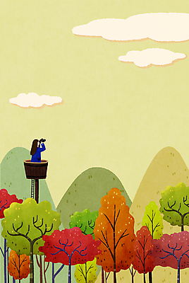 PSD 나무 여자 백그라운드 단풍 일러스트 하늘 산 한명 들기 풍경 상반신 성인 연두색 망원경 가을 관찰 언덕 전망대 성인여자한명만 국내일러스트 식물 1 계절 잎 모션 사람 초록색 여자한명만 성인여자만 파일형식