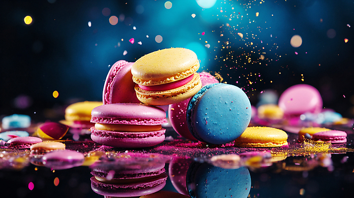 JPG 편집이미지 디저트 사람없음 컬러풀 반사 가루 보케 마카롱 빛망울 흩날리기 편집실사 AI컴퓨터그래픽 AI콘텐츠 음식 컬러 모션 빛 CG 파일형식