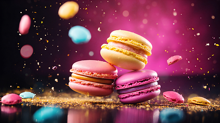 JPG 편집이미지 분홍색 디저트 사람없음 컬러풀 가루 보케 마카롱 흩날리기 편집실사 AI컴퓨터그래픽 AI콘텐츠 음식 컬러 모션 CG 파일형식