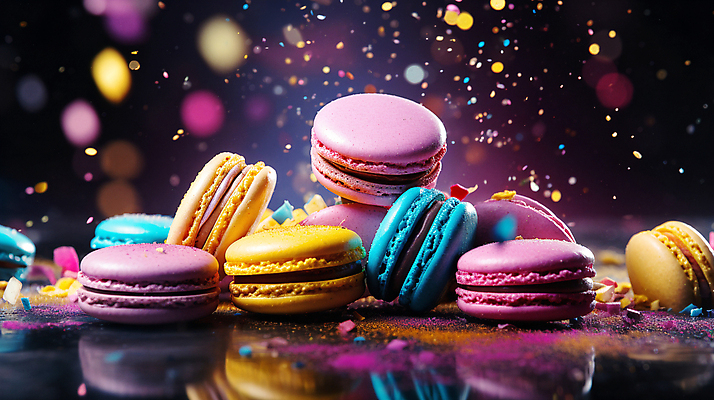 JPG 편집이미지 디저트 사람없음 컬러풀 반사 가루 보케 마카롱 흩날리기 편집실사 AI컴퓨터그래픽 AI콘텐츠 음식 컬러 모션 CG 파일형식