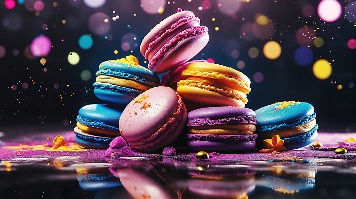 JPG 편집이미지 디저트 사람없음 컬러풀 쌓기 가루 보케 마카롱 빛망울 흩날리기 편집실사 AI컴퓨터그래픽 AI콘텐츠 음식 컬러 모션 빛 CG 파일형식