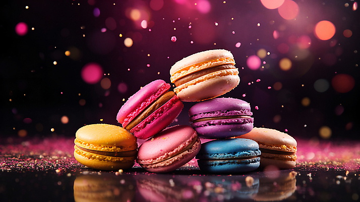 JPG 편집이미지 디저트 사람없음 컬러풀 반사 쌓기 가루 보케 마카롱 빛망울 흩날리기 편집실사 AI컴퓨터그래픽 AI콘텐츠 음식 컬러 모션 빛 CG 파일형식