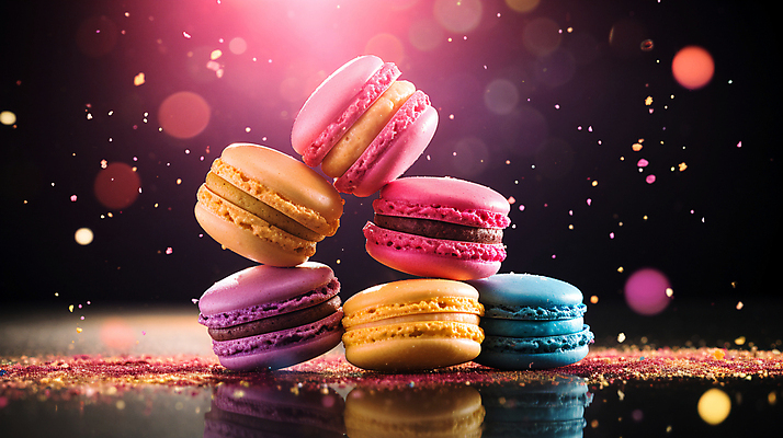 JPG 편집이미지 디저트 사람없음 컬러풀 반사 쌓기 가루 보케 마카롱 빛망울 흩날리기 편집실사 AI컴퓨터그래픽 AI콘텐츠 음식 컬러 모션 빛 CG 파일형식