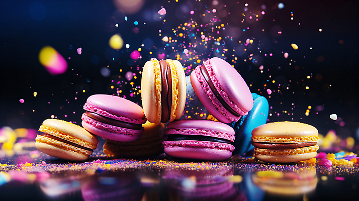 JPG 편집이미지 디저트 사람없음 컬러풀 반사 쌓기 가루 보케 마카롱 흩날리기 편집실사 AI컴퓨터그래픽 AI콘텐츠 음식 컬러 모션 CG 파일형식