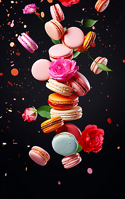 JPG 편집이미지 꽃 디저트 사람없음 컬러풀 장미 마카롱 흩날리기 편집실사 AI컴퓨터그래픽 AI콘텐츠 식물 음식 컬러 모션 CG 파일형식
