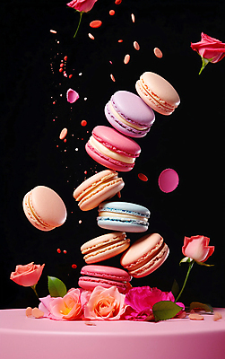 JPG 편집이미지 꽃 디저트 사람없음 컬러풀 장미 쌓기 마카롱 무너짐 흩날리기 편집실사 AI컴퓨터그래픽 AI콘텐츠 식물 음식 컬러 모션 CG 파일형식