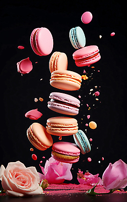 JPG 편집이미지 꽃 디저트 사람없음 컬러풀 장미 떠있는 가루 마카롱 흩날리기 편집실사 AI컴퓨터그래픽 AI콘텐츠 식물 음식 컬러 모션 CG 파일형식