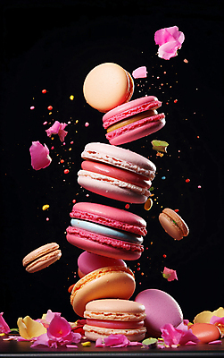 JPG 편집이미지 꽃잎 꽃 디저트 사람없음 컬러풀 장미 쌓기 마카롱 무너짐 흩날리기 편집실사 AI컴퓨터그래픽 AI콘텐츠 식물 음식 컬러 모션 CG 파일형식