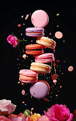 JPG 편집이미지 꽃 디저트 사람없음 컬러풀 장미 흐름 떠있는 마카롱 흩날리기 편집실사 AI컴퓨터그래픽 AI콘텐츠 식물 음식 컬러 컨셉 모션 CG 파일형식