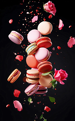 JPG 편집이미지 꽃잎 분홍색 디저트 사람없음 컬러풀 떠있는 마카롱 흩날리기 편집실사 AI컴퓨터그래픽 AI콘텐츠 꽃 음식 컬러 모션 CG 파일형식