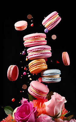 JPG 편집이미지 분홍색 디저트 사람없음 컬러풀 떠있는 마카롱 흩날리기 편집실사 AI컴퓨터그래픽 AI콘텐츠 음식 컬러 모션 CG 파일형식