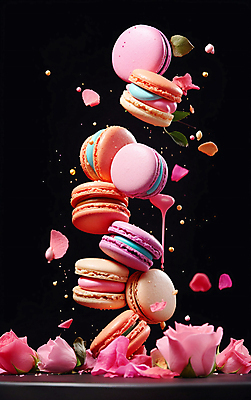 JPG 편집이미지 꽃잎 꽃 분홍색 디저트 사람없음 컬러풀 장미 흐름 마카롱 흩날리기 편집실사 AI컴퓨터그래픽 AI콘텐츠 식물 음식 컬러 컨셉 모션 CG 파일형식