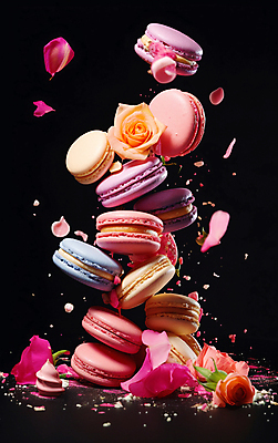 JPG 편집이미지 꽃잎 꽃 디저트 사람없음 컬러풀 장미 떠있는 마카롱 무너짐 흩날리기 편집실사 AI컴퓨터그래픽 AI콘텐츠 식물 음식 컬러 모션 CG 파일형식