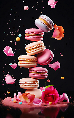JPG 편집이미지 꽃잎 꽃 분홍색 디저트 사람없음 컬러풀 장미 쌓기 가루 마카롱 흩날리기 편집실사 AI컴퓨터그래픽 AI콘텐츠 식물 음식 컬러 모션 CG 파일형식