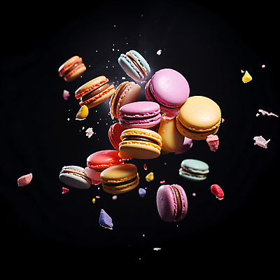 JPG 편집이미지 디저트 사람없음 컬러풀 떠있는 마카롱 흩날리기 편집실사 AI컴퓨터그래픽 AI콘텐츠 음식 컬러 모션 CG 파일형식