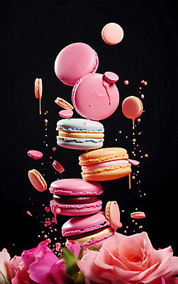 JPG 편집이미지 꽃 분홍색 디저트 사람없음 컬러풀 장미 쌓기 흐름 떠있는 마카롱 흩날리기 편집실사 AI컴퓨터그래픽 AI콘텐츠 식물 음식 컬러 컨셉 모션 CG 파일형식