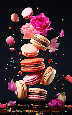 JPG 편집이미지 꽃잎 꽃 디저트 사람없음 컬러풀 장미 떠있는 가루 마카롱 흩날리기 편집실사 AI컴퓨터그래픽 AI콘텐츠 식물 음식 컬러 모션 CG 파일형식