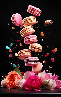 JPG 편집이미지 꽃 분홍색 디저트 사람없음 컬러풀 장미 떠있는 마카롱 무너짐 흩날리기 편집실사 AI컴퓨터그래픽 AI콘텐츠 식물 음식 컬러 모션 CG 파일형식