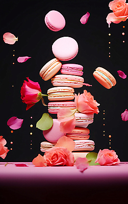 JPG 편집이미지 꽃잎 꽃 분홍색 디저트 사람없음 컬러풀 장미 쌓기 흐름 떠있는 마카롱 흩날리기 편집실사 AI컴퓨터그래픽 AI콘텐츠 식물 음식 컬러 컨셉 모션 CG 파일형식