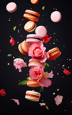 JPG 편집이미지 꽃잎 꽃 분홍색 디저트 사람없음 컬러풀 장미 떠있는 마카롱 코랄 흩날리기 편집실사 AI컴퓨터그래픽 AI콘텐츠 식물 음식 컬러 모션 CG 파일형식
