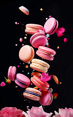 JPG 편집이미지 꽃 분홍색 디저트 사람없음 컬러풀 장미 떠있는 마카롱 흩날리기 편집실사 AI컴퓨터그래픽 AI콘텐츠 식물 음식 컬러 모션 CG 파일형식