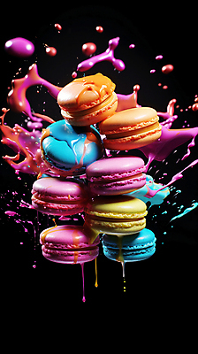 JPG 편집이미지 디저트 사람없음 컬러풀 떠있는 액체표현 마카롱 스플래쉬 편집실사 AI컴퓨터그래픽 AI콘텐츠 음식 컬러 모션 순간포착 액체 CG 파일형식