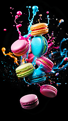 JPG 편집이미지 디저트 사람없음 컬러풀 떠있는 액체표현 마카롱 스플래쉬 편집실사 AI컴퓨터그래픽 AI콘텐츠 음식 컬러 모션 순간포착 액체 CG 파일형식