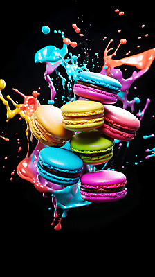 JPG 편집이미지 디저트 사람없음 컬러풀 떠있는 액체표현 마카롱 스플래쉬 편집실사 AI컴퓨터그래픽 AI콘텐츠 음식 컬러 모션 순간포착 액체 CG 파일형식