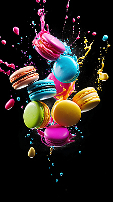 JPG 편집이미지 디저트 사람없음 컬러풀 떠있는 액체표현 마카롱 스플래쉬 편집실사 AI컴퓨터그래픽 AI콘텐츠 음식 컬러 모션 순간포착 액체 CG 파일형식