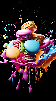 JPG 편집이미지 디저트 사람없음 컬러풀 떠있는 액체표현 마카롱 스플래쉬 편집실사 AI컴퓨터그래픽 AI콘텐츠 음식 컬러 모션 순간포착 액체 CG 파일형식