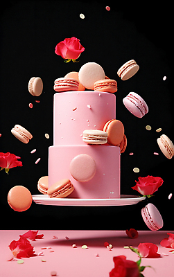 JPG 편집이미지 꽃 분홍색 디저트 사람없음 컬러풀 장미 케이크 떠있는 마카롱 편집실사 AI컴퓨터그래픽 AI콘텐츠 식물 음식 컬러 모션 CG 파일형식