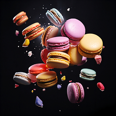 JPG 편집이미지 조각 디저트 사람없음 컬러풀 떠있는 마카롱 편집실사 AI컴퓨터그래픽 AI콘텐츠 음식 컬러 모션 CG 파일형식
