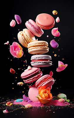 JPG 편집이미지 꽃잎 꽃 디저트 사람없음 컬러풀 장미 떠있는 가루 마카롱 편집실사 AI컴퓨터그래픽 AI콘텐츠 식물 음식 컬러 모션 CG 파일형식