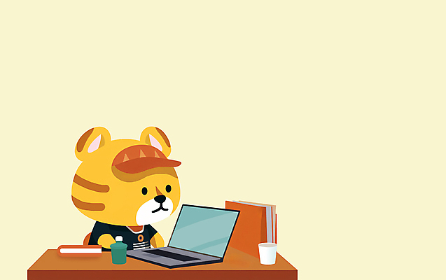 JPG 모자 응시 교육 동물캐릭터 일러스트 사람없음 책 노트북 학습 호랑이 종이컵 책상 일러캐릭터 AI일러스트 AI콘텐츠 동물 캐릭터 시선 잡화 가구 포유류 컵 전자제품 일회용 파일형식