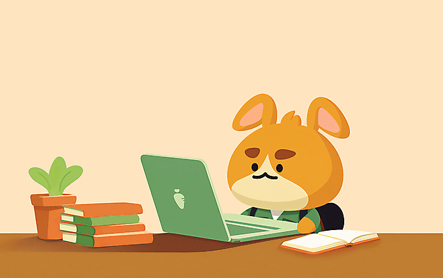 JPG 응시 교육 화분 동물캐릭터 일러스트 사람없음 책 노트북 학습 토끼 책상 일러캐릭터 AI일러스트 AI콘텐츠 동물 캐릭터 시선 가구 포유류 전자제품 반려동물 파일형식