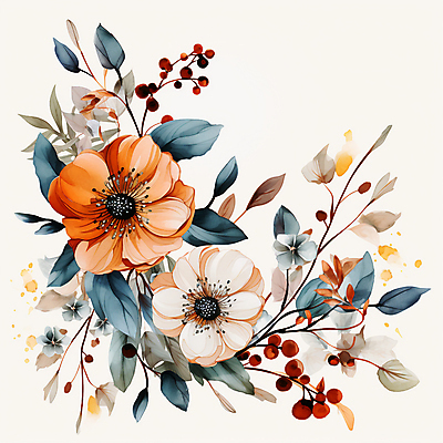 JPG 열매 꽃 잎 일러스트 수채화 사람없음 디지털합성 카피스페이스 편집소스 국내일러스트 AI일러스트 AI콘텐츠 식물 공백 파일형식