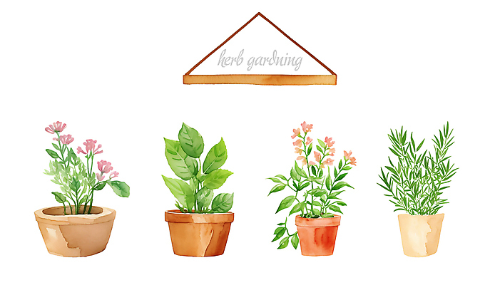 PSD 꽃 화분 일러스트 붓터치 수채화 선반 사람없음 풀 허브 원예 번짐 로즈메리 허브꽃 국내일러스트 식물 가구 취미 파일형식 효과