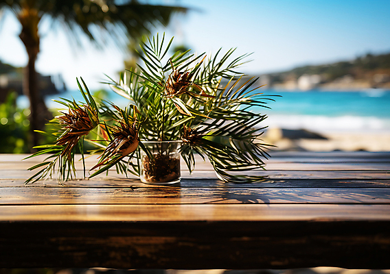 JPG 편집이미지 풍경 해변 사람없음 여름 야자수 꽃병 풀 열대식물 디지털합성 야자수잎 나무탁자 블러효과 편집소스 편집실사 AI포토 AI콘텐츠 나무 식물 계절 꽃 바다 잎 탁자 CG 블러 파일형식 효과